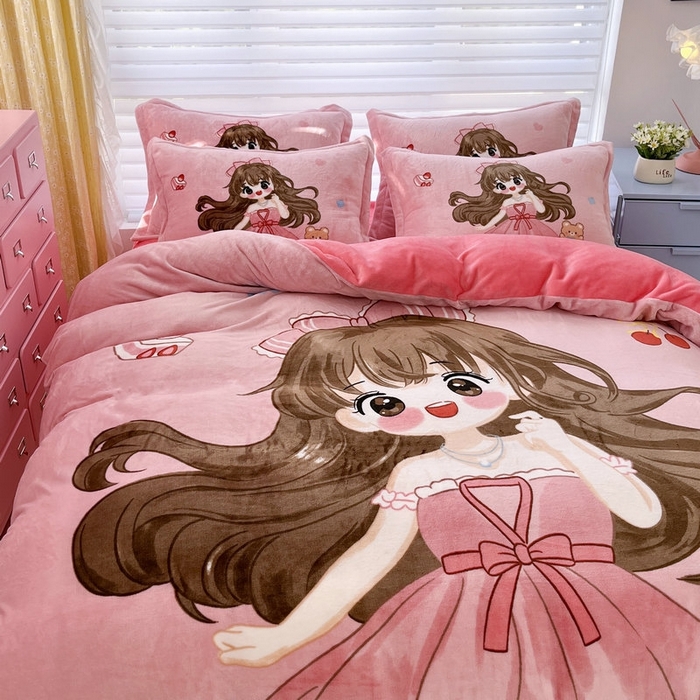 91家纺网 家纺一手货源 找家纺 宝薇 2025新款双面牛奶绒大版卡通印花四件套 美少女绒