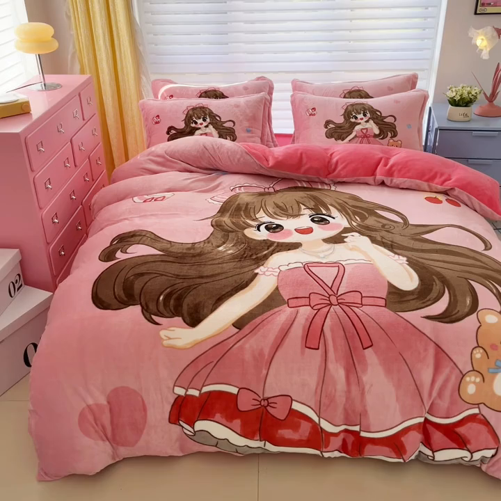 91家纺网 家纺一手货源 找家纺 宝薇 2025新款双面牛奶绒大版卡通印花四件套 美少女绒