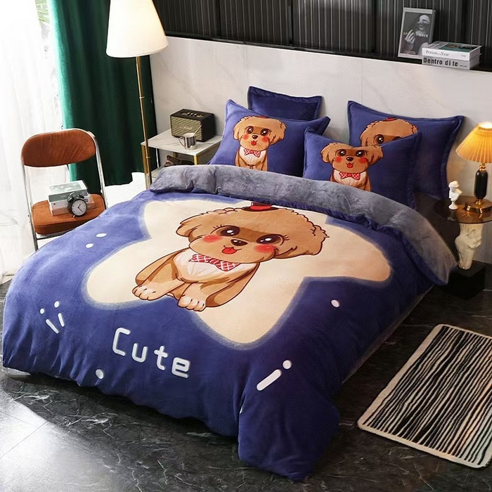 91家纺网 家纺一手货源 找家纺 宝薇 2025新款双面牛奶绒大版卡通印花四件套 萌宠狗