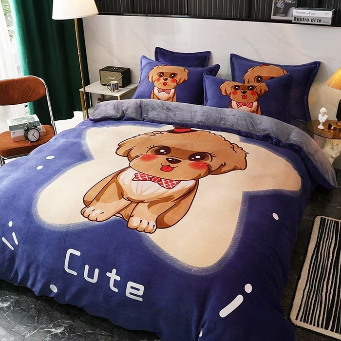 91家纺网 家纺一手货源 找家纺 宝薇 2025新款双面牛奶绒大版卡通印花四件套 萌宠狗