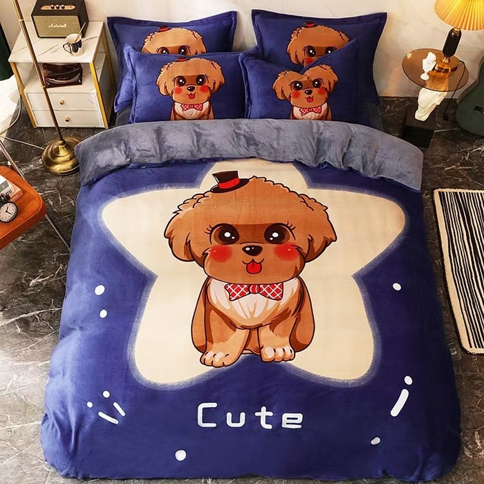 91家纺网 家纺一手货源 找家纺 宝薇 2025新款双面牛奶绒大版卡通印花四件套 萌宠狗