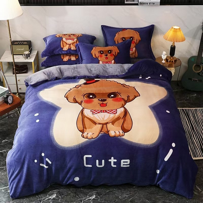 91家纺网 家纺一手货源 找家纺 宝薇 2025新款双面牛奶绒大版卡通印花四件套 萌宠狗