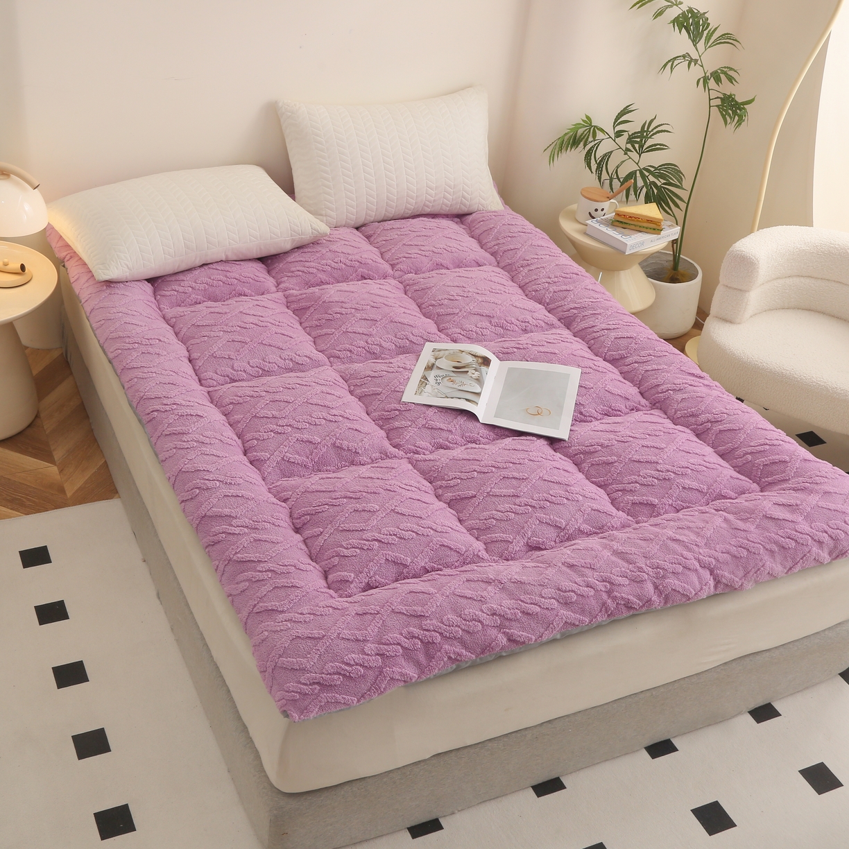 91家纺网 家纺一手货源 找家纺 承柔家纺 2025新款牛奶绒塔芙绒床垫 粉色