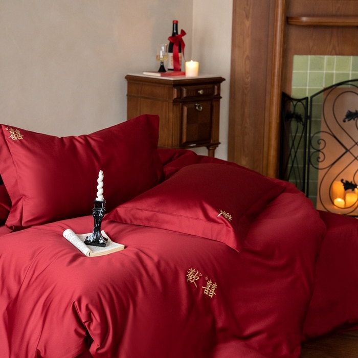 91家纺网 家纺一手货源 找家纺 （总）ONE TWO ONE 121 2025新款婚庆高支高密长绒棉贡缎刺绣四件套