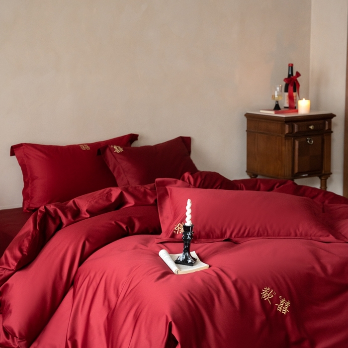 91家纺网 家纺一手货源 找家纺 （总）ONE TWO ONE 121 2025新款婚庆高支高密长绒棉贡缎刺绣四件套