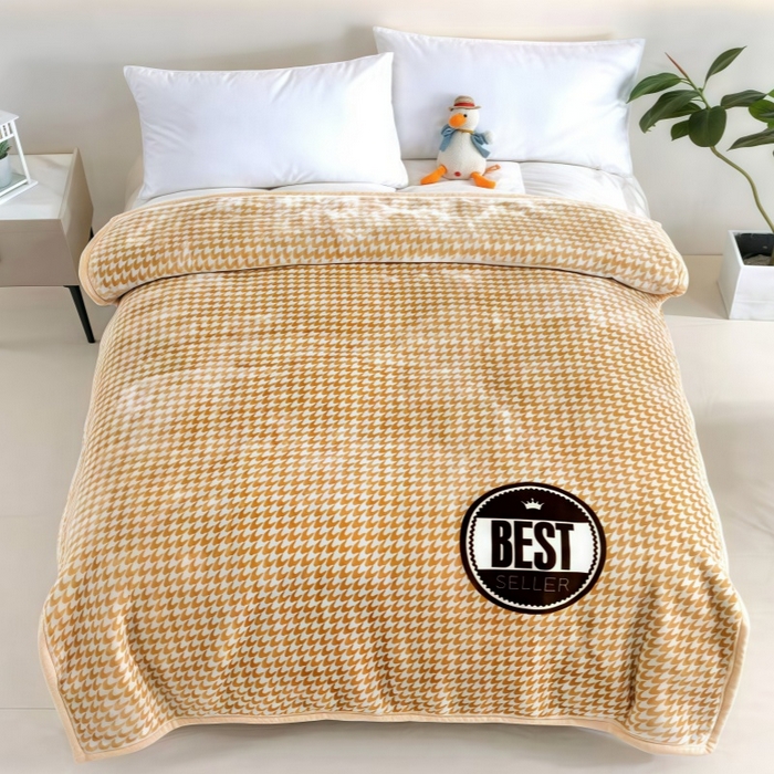 好艺佳毛毯 2025新款（双层云毯）学生宿舍毛毯拉舍尔单双人毯子超柔软不掉毛不掉色 千鸟格-黄