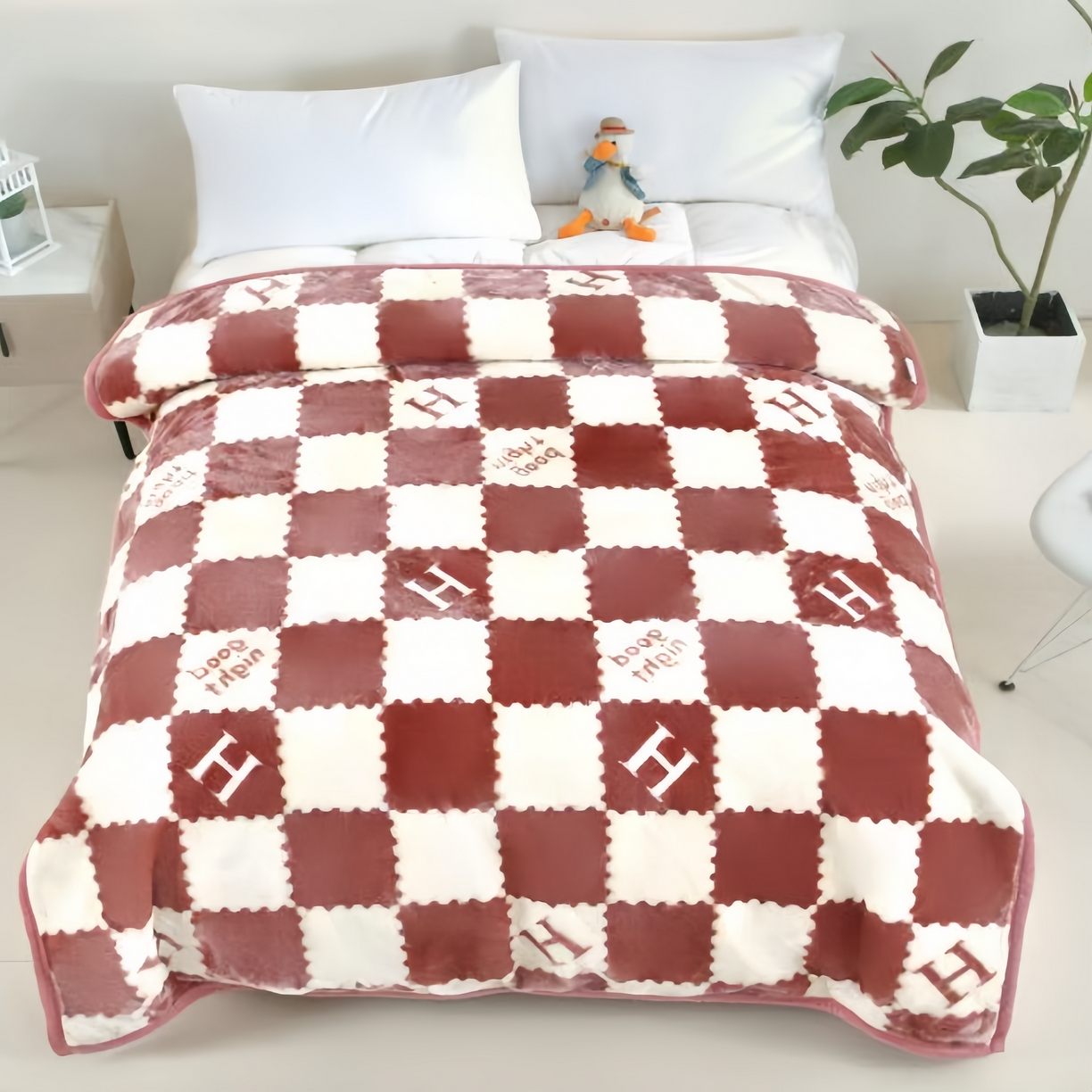 好艺佳毛毯 2025新款（双层云毯）学生宿舍毛毯拉舍尔单双人毯子超柔软不掉毛不掉色 H格-豆沙