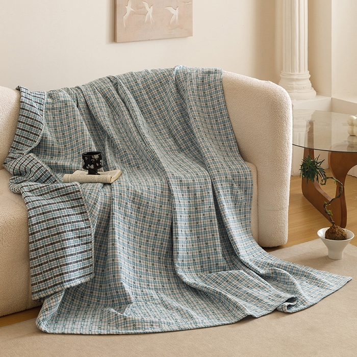 91家纺网 家纺一手货源 找家纺 悦然毛巾被 2025新款全棉三层色织水洗纱布毛巾被盖毯-清新雅致 清新雅致蓝