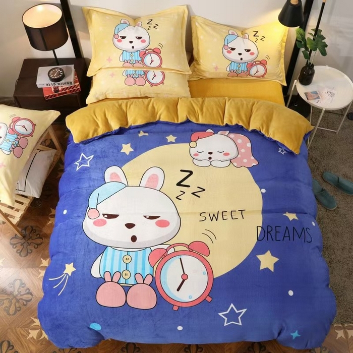 91家纺网 家纺一手货源 找家纺 宝薇 2025新款双面牛奶绒大版卡通印花四件套 晚安