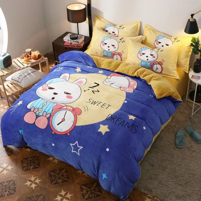 91家纺网 家纺一手货源 找家纺 宝薇 2025新款双面牛奶绒大版卡通印花四件套 晚安