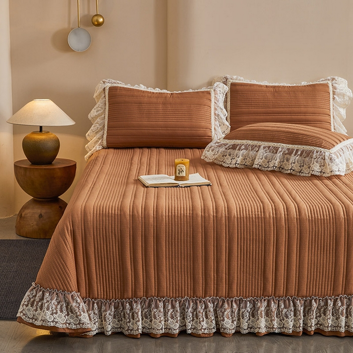 91家纺网 家纺一手货源 找家纺  鼎丰家纺 2025新款法式浪漫花边皱皱纱床盖四件套 蔷薇-摩卡棕