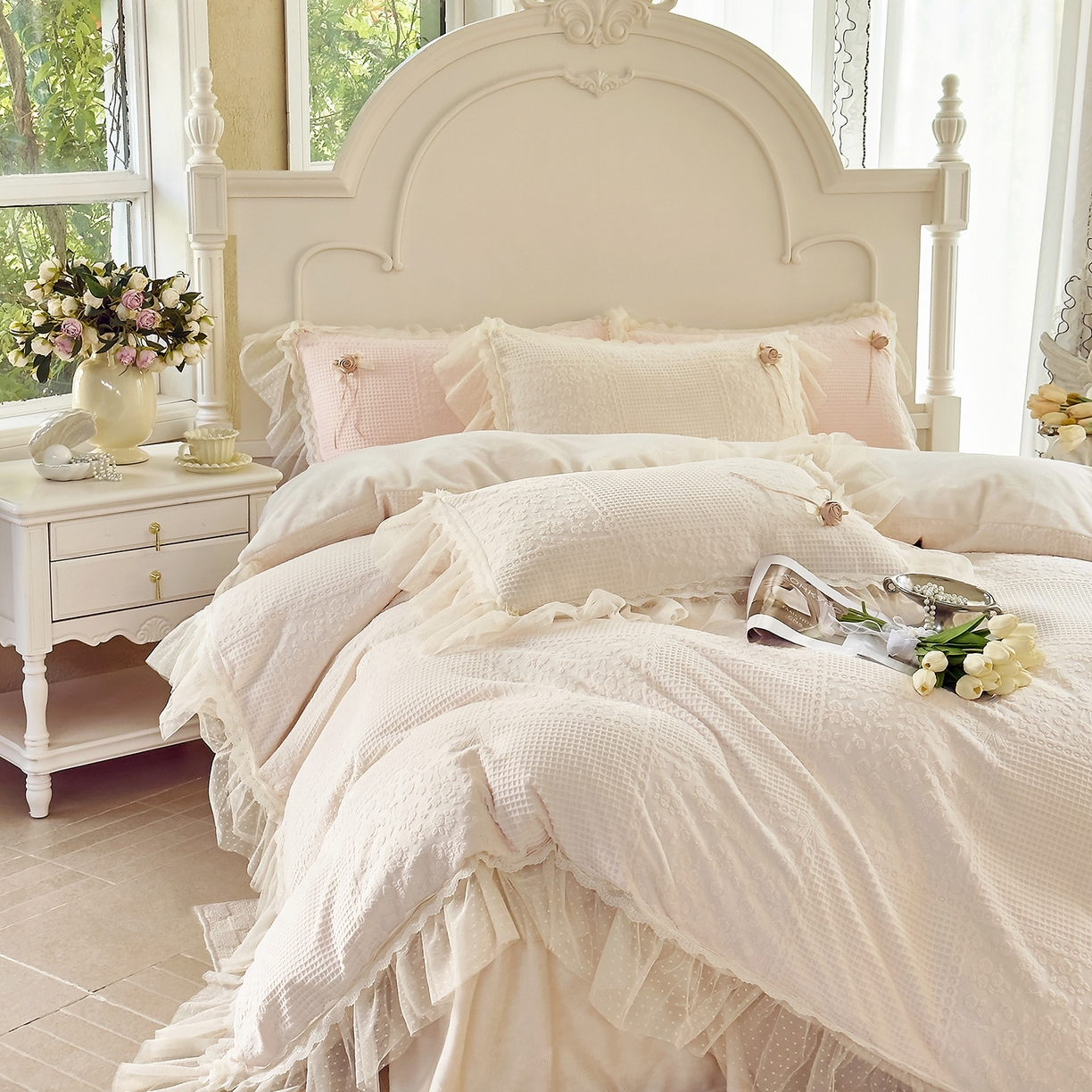 91家纺网 家纺一手货源 找家纺 北纬27度 2025新款法式牛奶绒四件套-玫瑰花语 玫瑰花语-米白