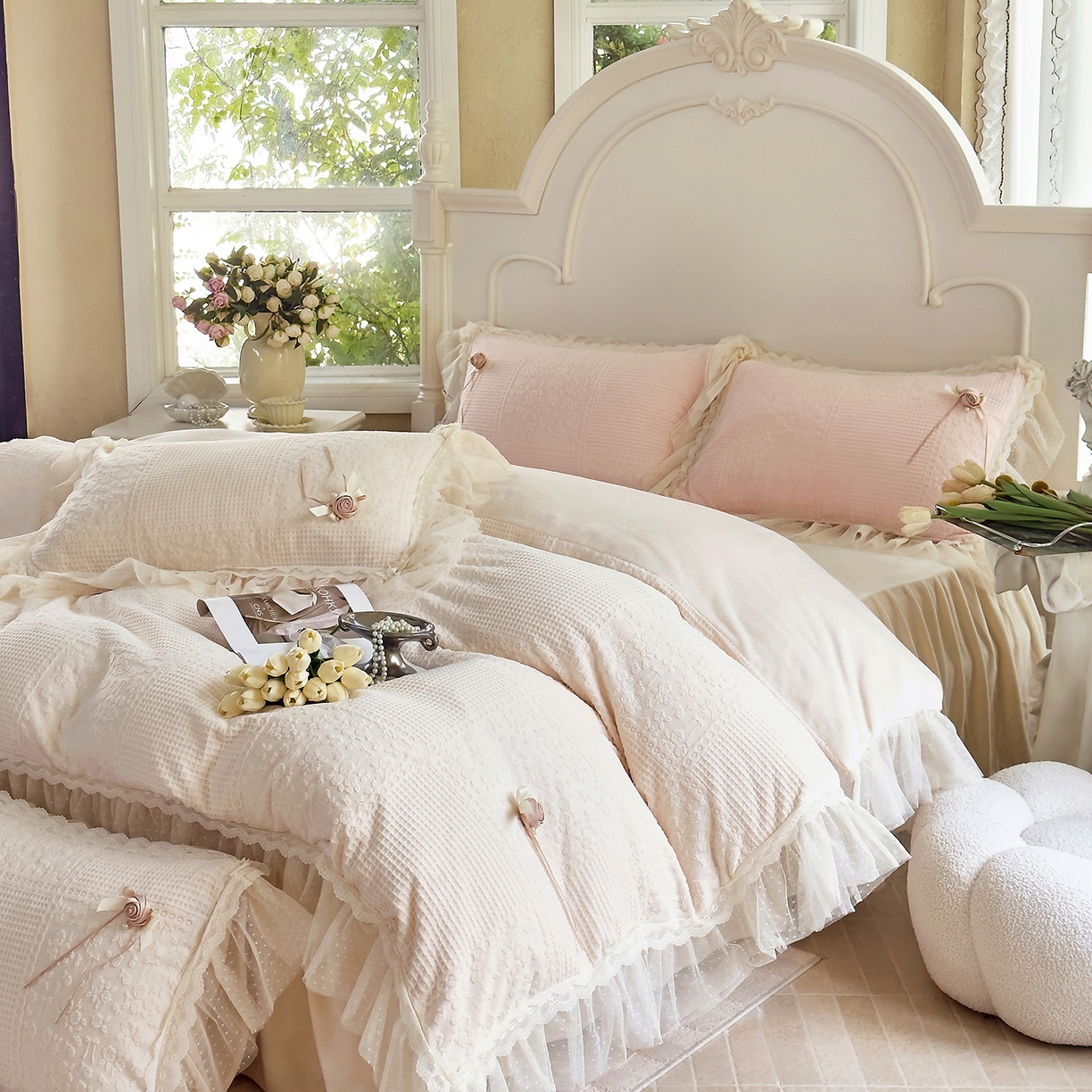 91家纺网 家纺一手货源 找家纺 北纬27度 2025新款法式牛奶绒四件套-玫瑰花语 玫瑰花语-米白