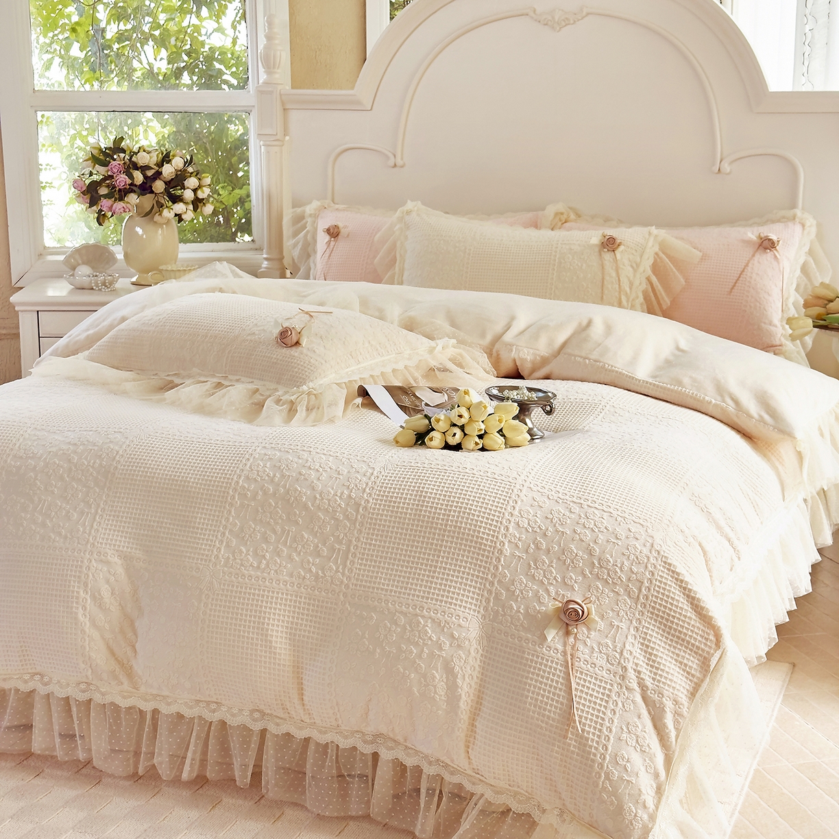 91家纺网 家纺一手货源 找家纺 北纬27度 2025新款法式牛奶绒四件套-玫瑰花语 玫瑰花语-米白