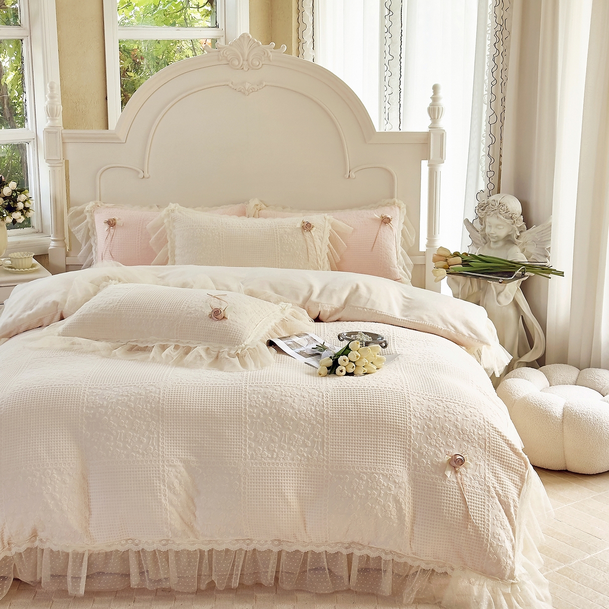 91家纺网 家纺一手货源 找家纺 北纬27度 2025新款法式牛奶绒四件套-玫瑰花语 玫瑰花语-米白