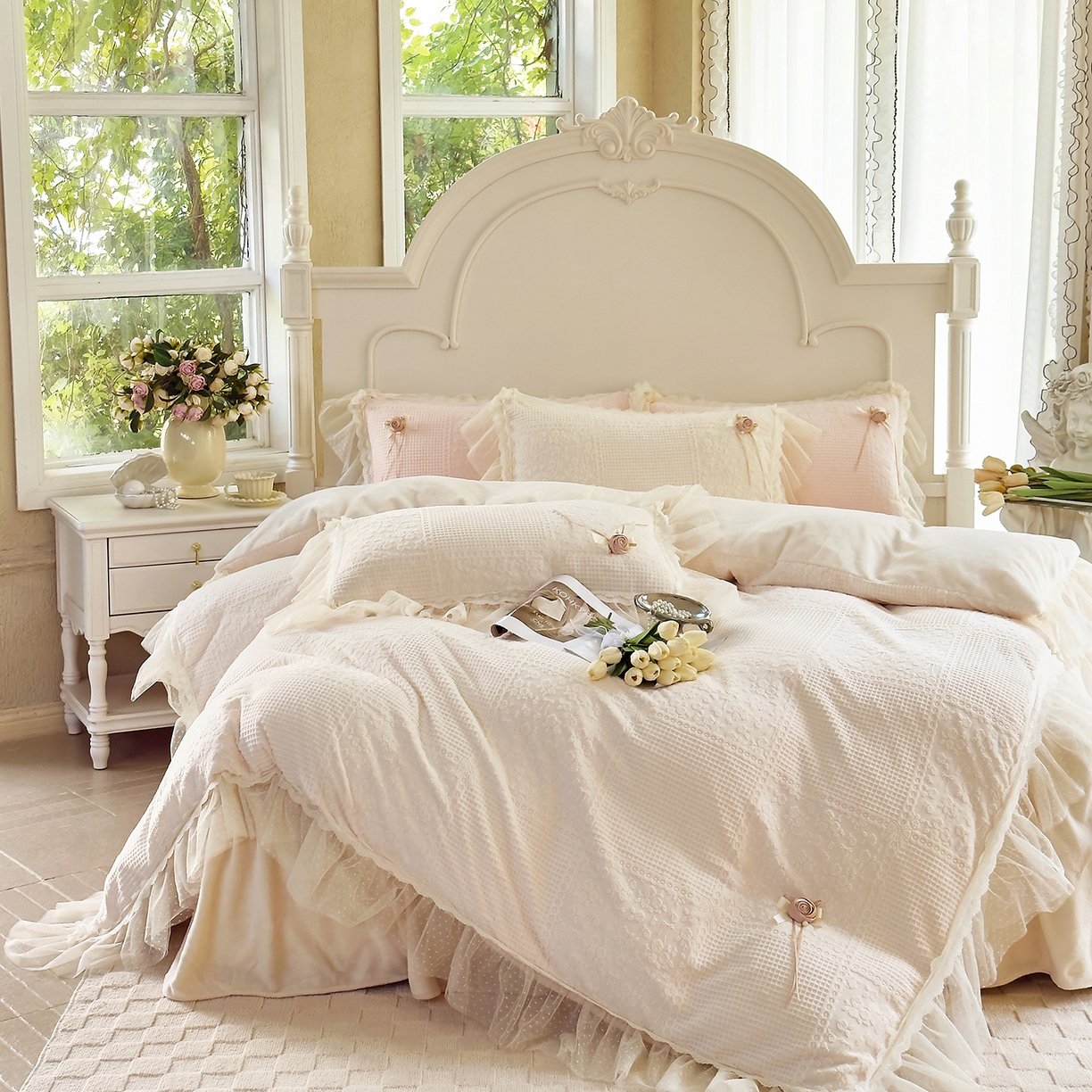 91家纺网 家纺一手货源 找家纺 北纬27度 2025新款法式牛奶绒四件套-玫瑰花语 玫瑰花语-米白