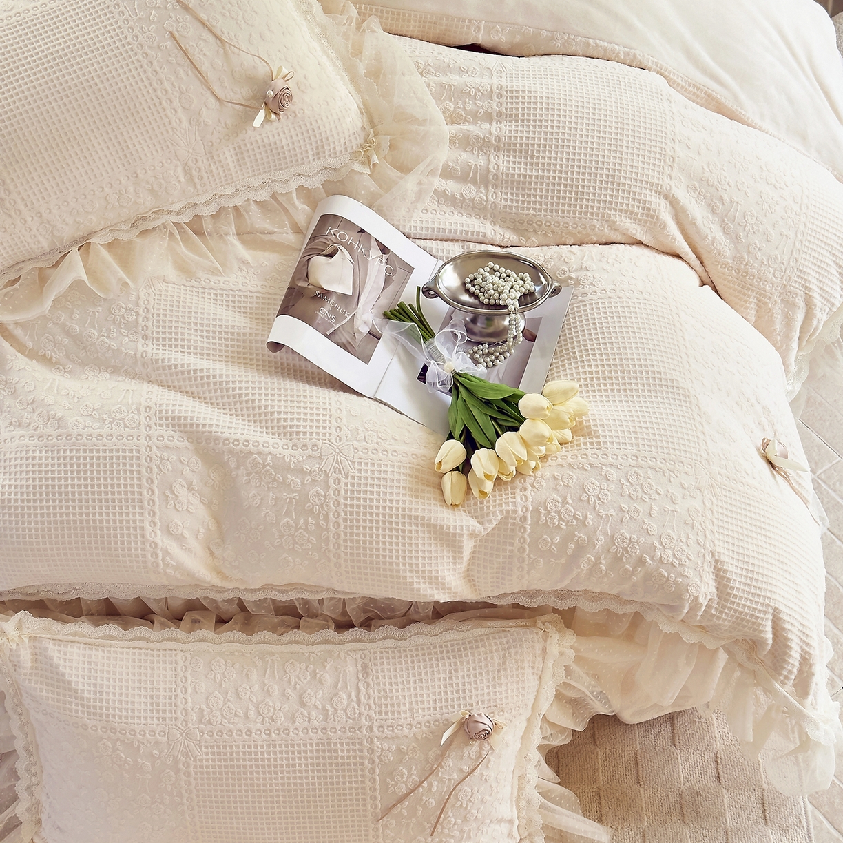 91家纺网 家纺一手货源 找家纺 北纬27度 2025新款法式牛奶绒四件套-玫瑰花语 玫瑰花语-米白