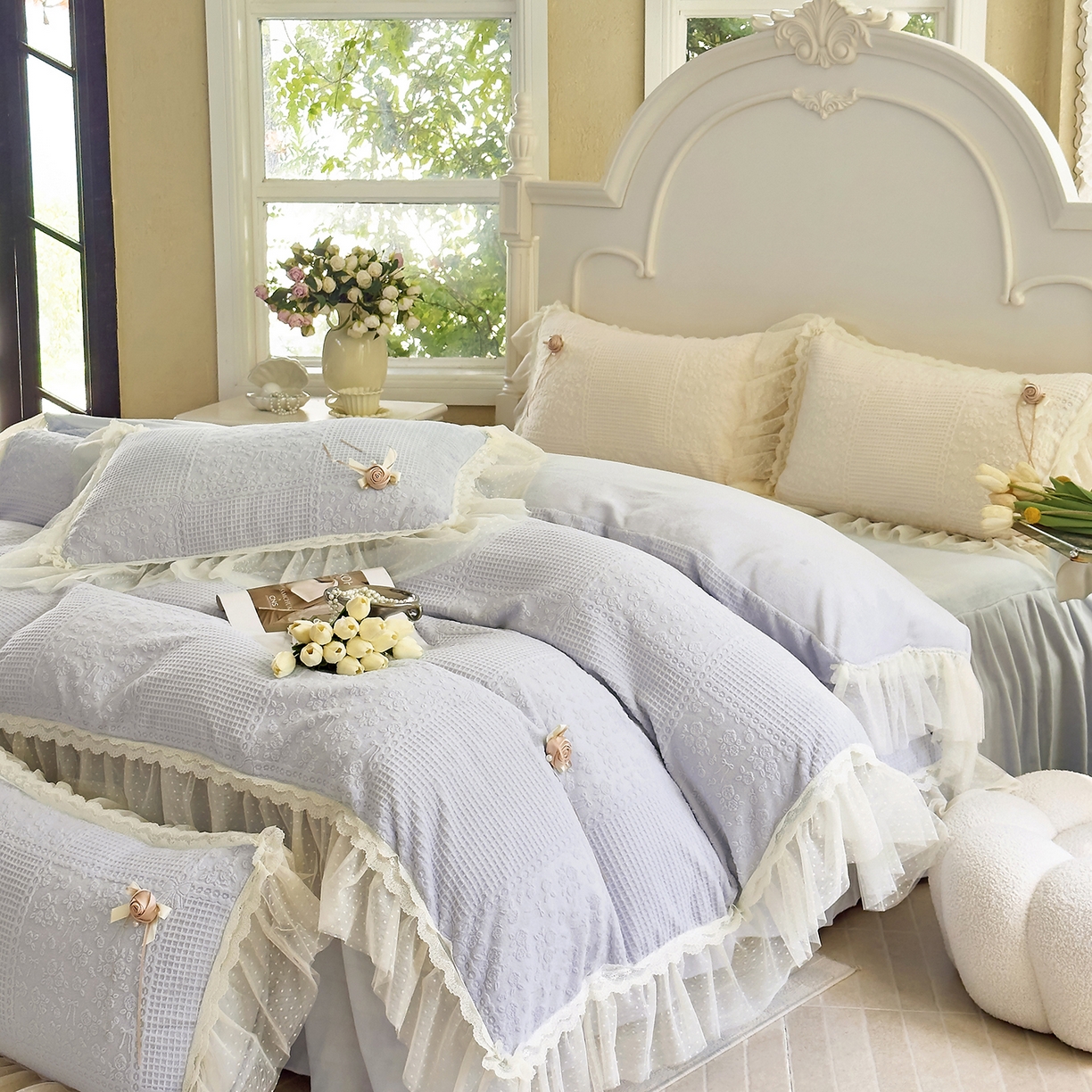 91家纺网 家纺一手货源 找家纺 北纬27度 2025新款法式牛奶绒四件套-玫瑰花语 玫瑰花语-蓝