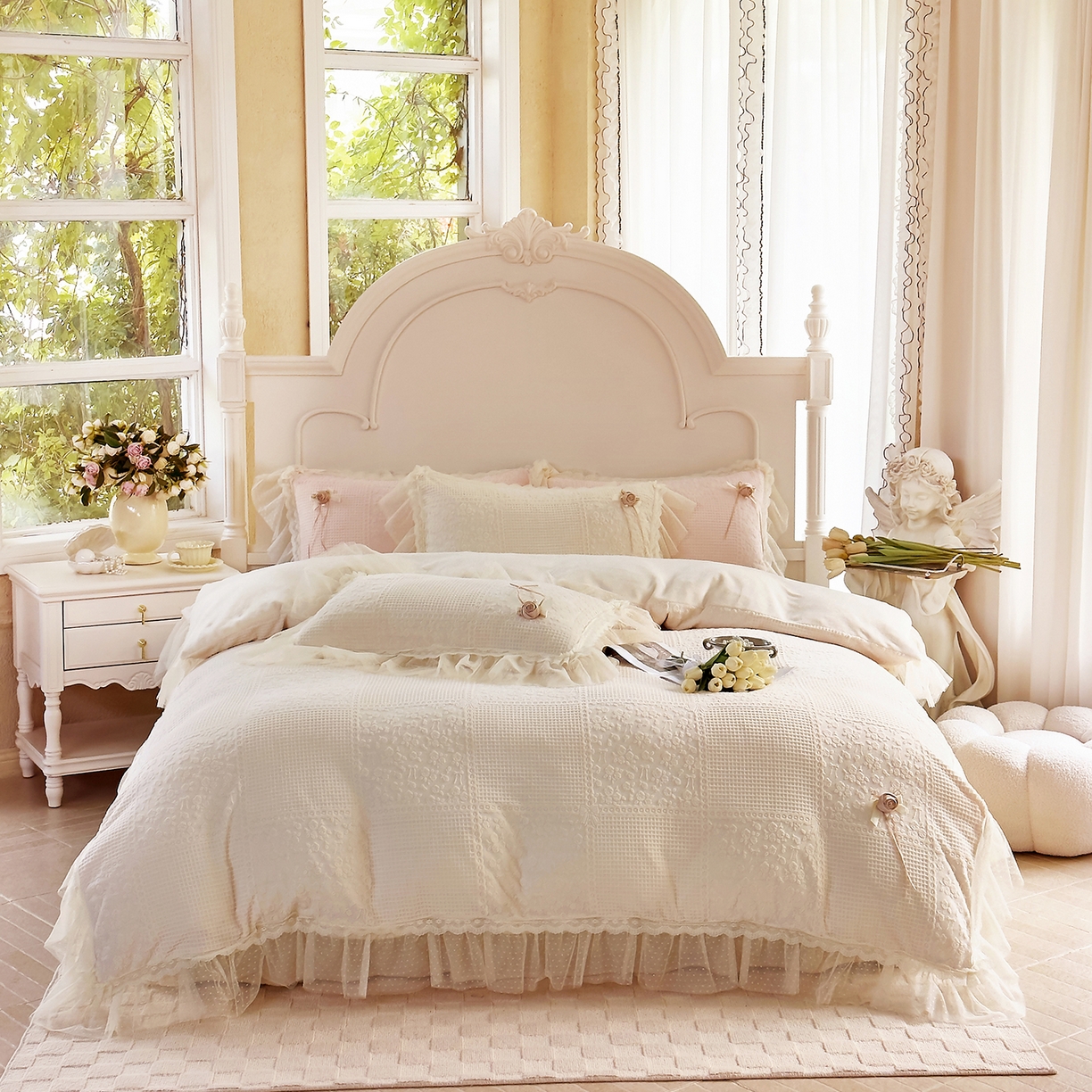 北纬27度 2025新款法式牛奶绒四件套-玫瑰花语 玫瑰花语-米白