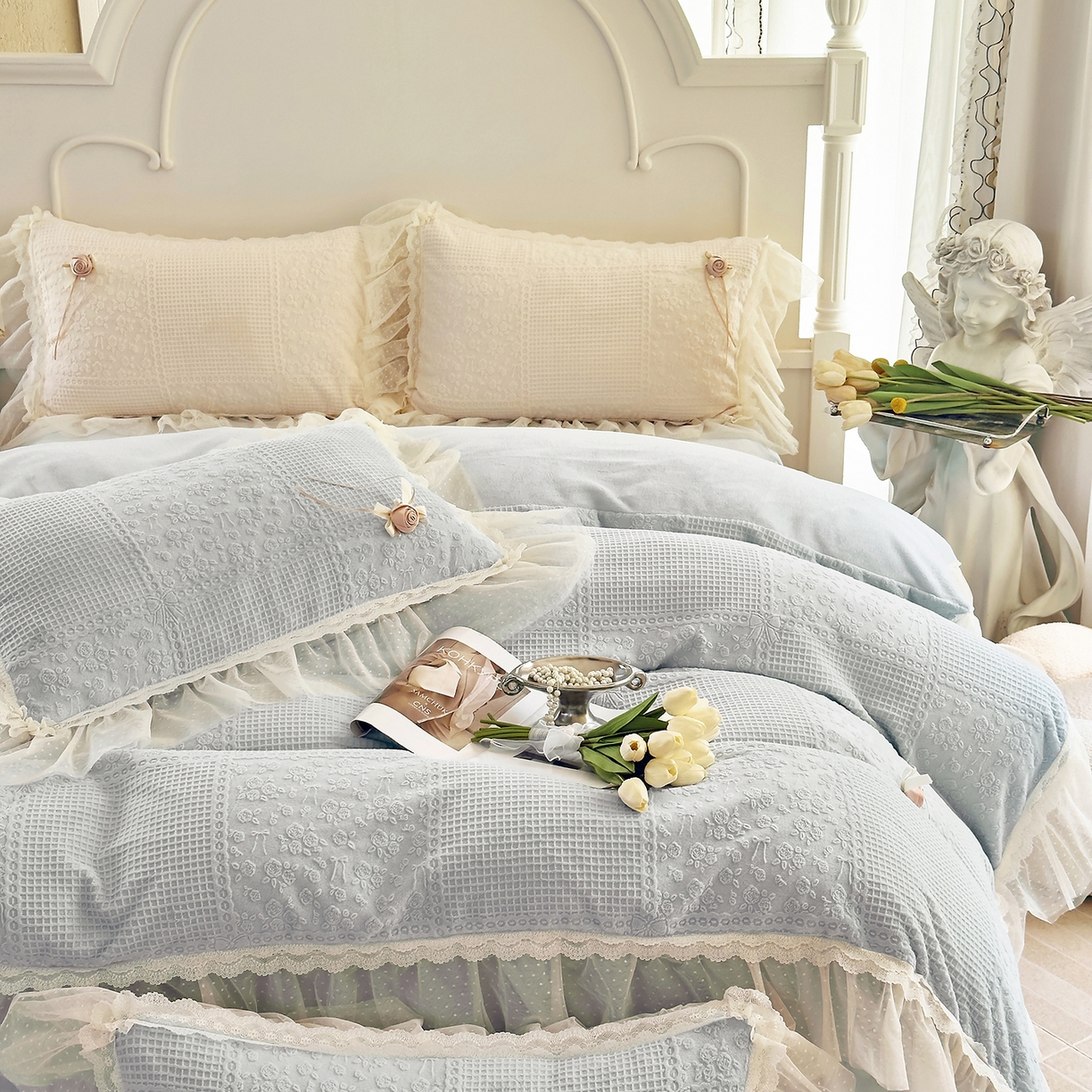 91家纺网 家纺一手货源 找家纺 北纬27度 2025新款法式牛奶绒四件套-玫瑰花语 玫瑰花语-蓝