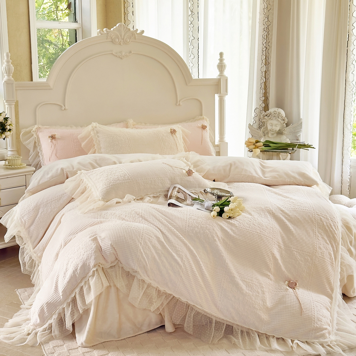 91家纺网 家纺一手货源 找家纺 北纬27度 2025新款法式牛奶绒四件套-玫瑰花语 玫瑰花语-米白