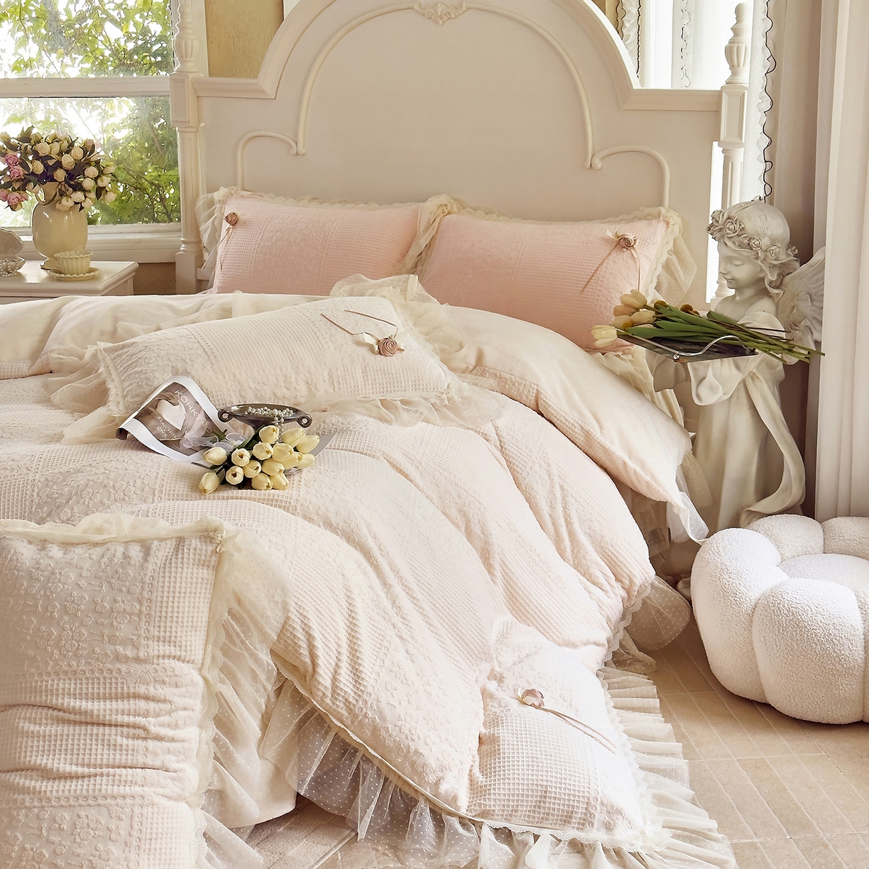 91家纺网 家纺一手货源 找家纺 北纬27度 2025新款法式牛奶绒四件套-玫瑰花语 玫瑰花语-米白