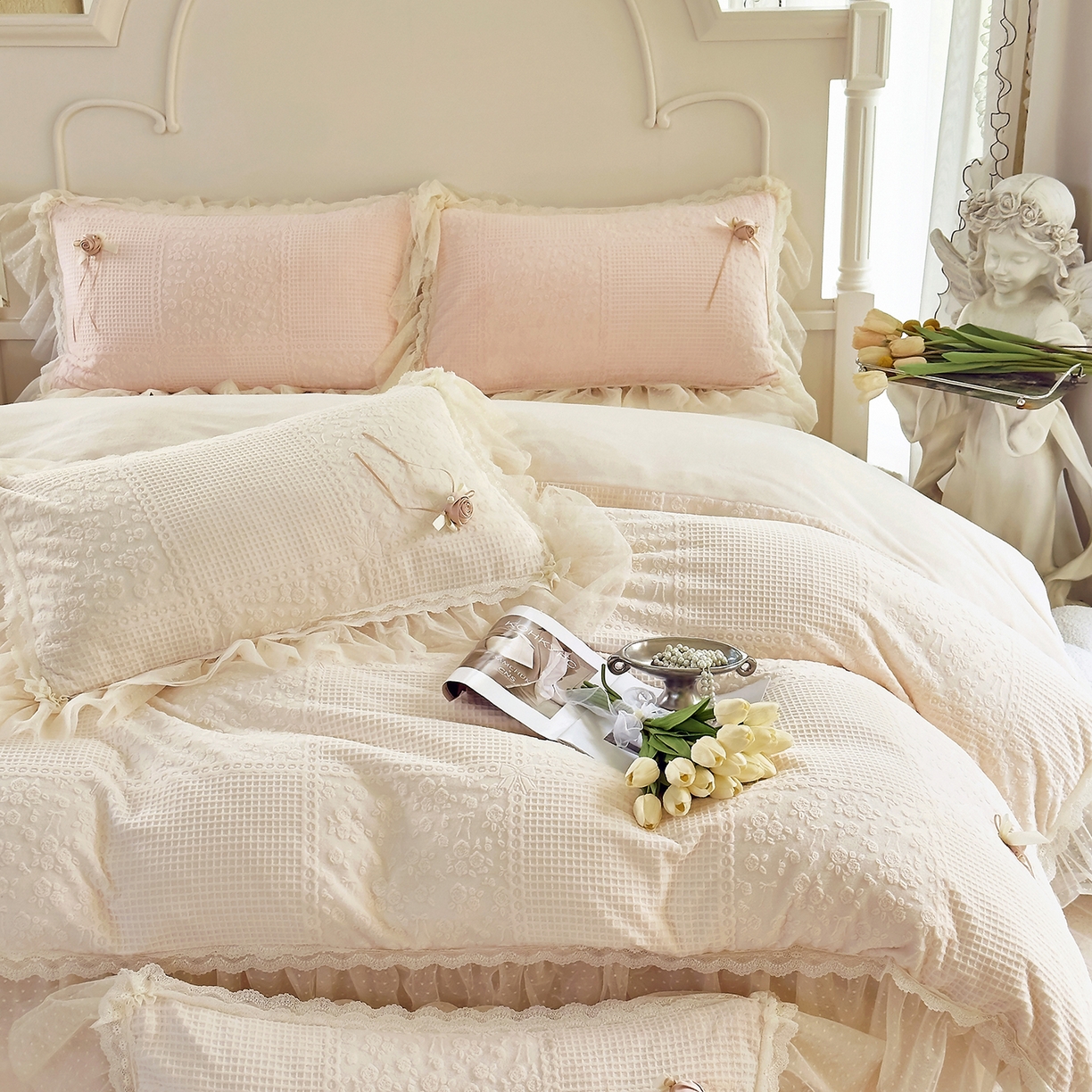 91家纺网 家纺一手货源 找家纺 北纬27度 2025新款法式牛奶绒四件套-玫瑰花语 玫瑰花语-米白