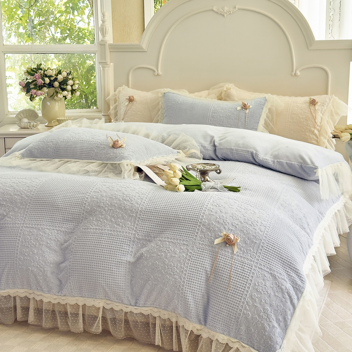 91家纺网 家纺一手货源 找家纺 北纬27度 2025新款法式牛奶绒四件套-玫瑰花语 玫瑰花语-蓝