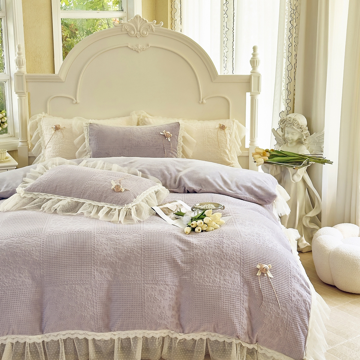 91家纺网 家纺一手货源 找家纺 北纬27度 2025新款法式牛奶绒四件套-玫瑰花语 玫瑰花语-紫