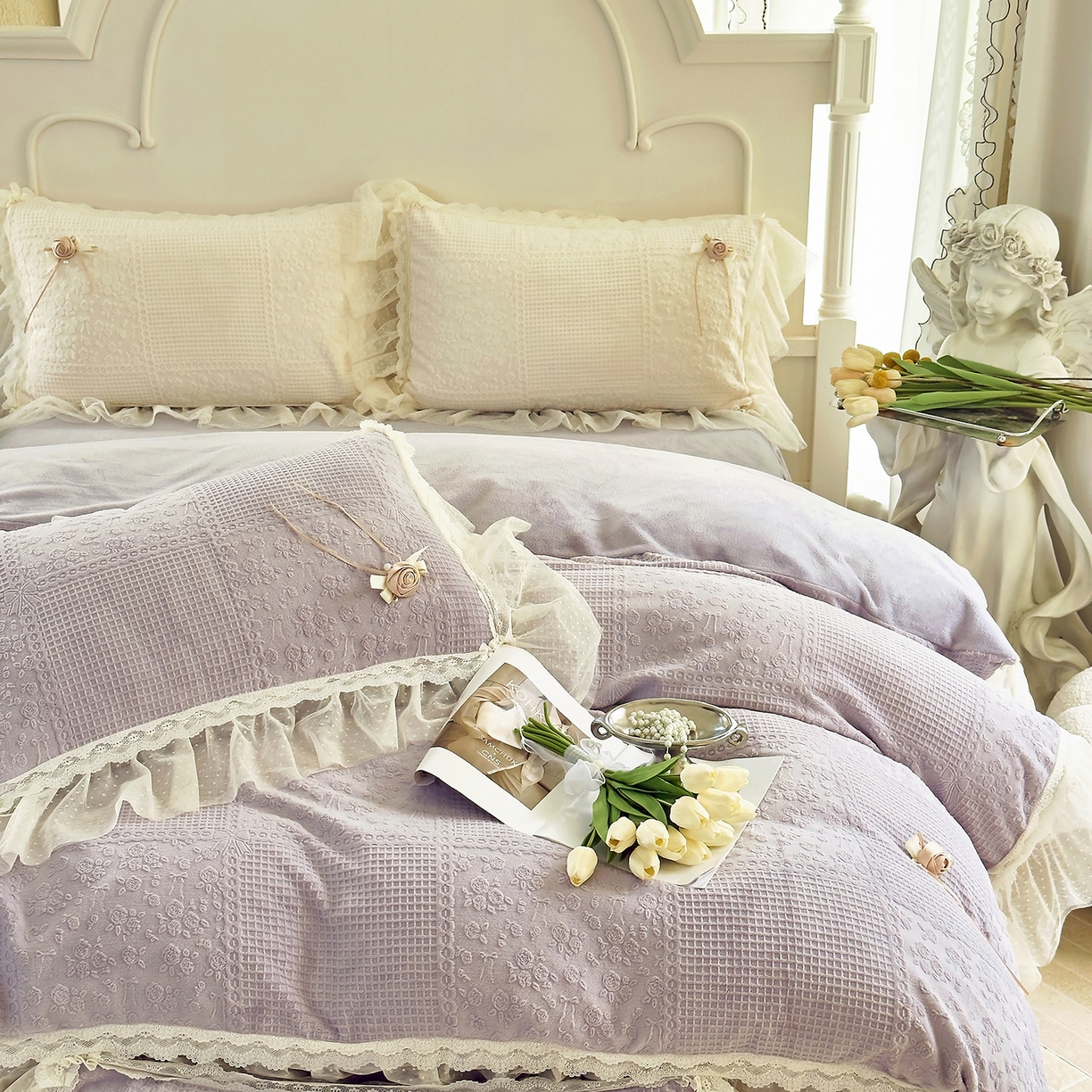 91家纺网 家纺一手货源 找家纺 北纬27度 2025新款法式牛奶绒四件套-玫瑰花语 玫瑰花语-紫