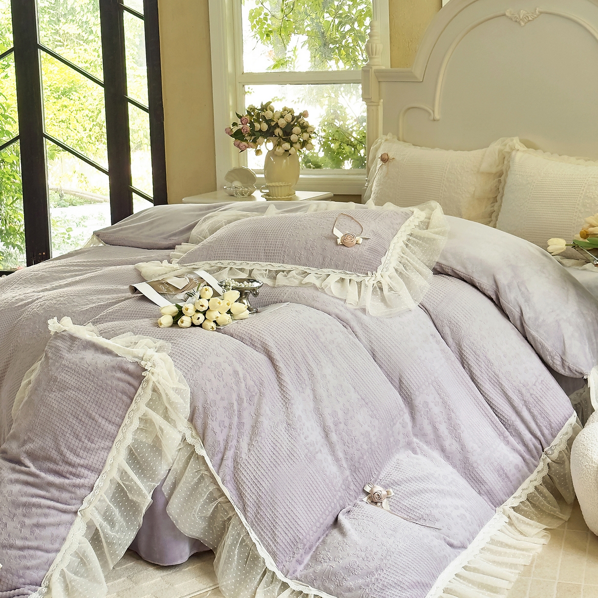 91家纺网 家纺一手货源 找家纺 北纬27度 2025新款法式牛奶绒四件套-玫瑰花语 玫瑰花语-紫