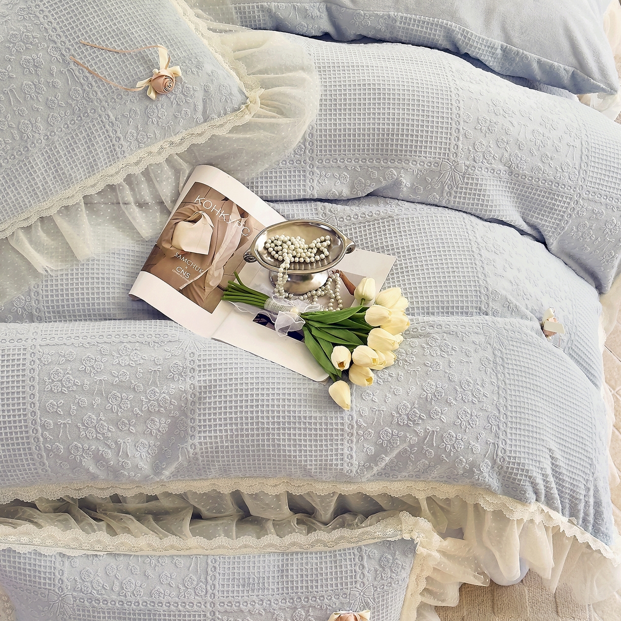 91家纺网 家纺一手货源 找家纺 北纬27度 2025新款法式牛奶绒四件套-玫瑰花语 玫瑰花语-蓝