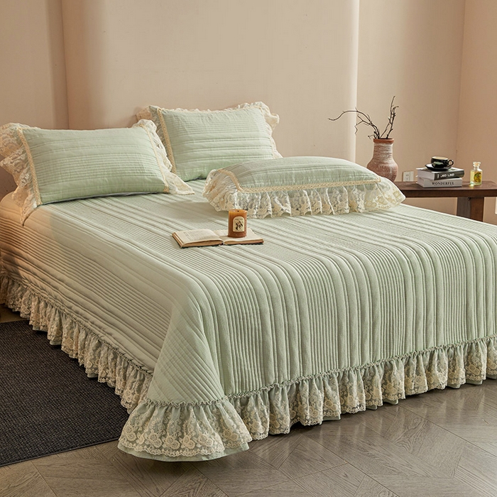 91家纺网 家纺一手货源 找家纺  鼎丰家纺 2025新款法式浪漫花边皱皱纱床盖四件套 蔷薇-清洗绿