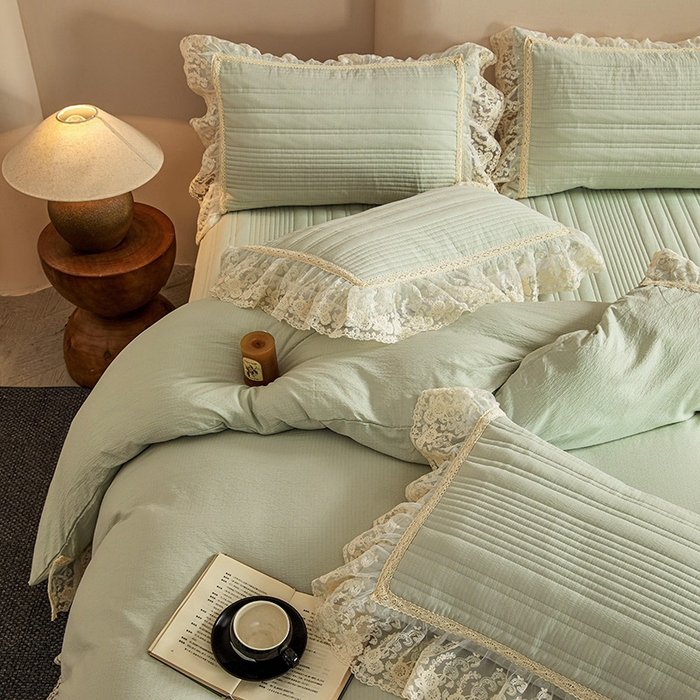 91家纺网 家纺一手货源 找家纺  鼎丰家纺 2025新款法式浪漫花边皱皱纱床盖四件套 蔷薇-清洗绿