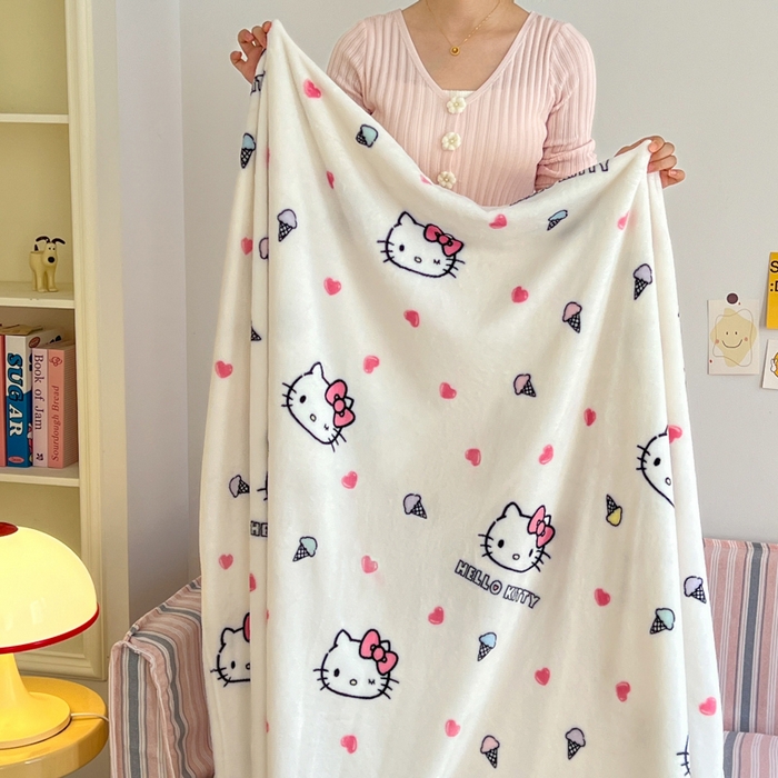 91家纺网 家纺一手货源 找家纺 妖妖家纺 2025新款正版三丽鸥双面印花牛奶绒多功能四季款毛毯空调毯 冰淇淋KT