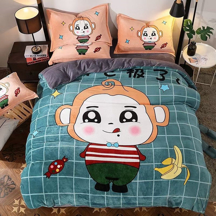 91家纺网 家纺一手货源 找家纺 宝薇 2025新款双面牛奶绒大版卡通印花四件套 香蕉猴