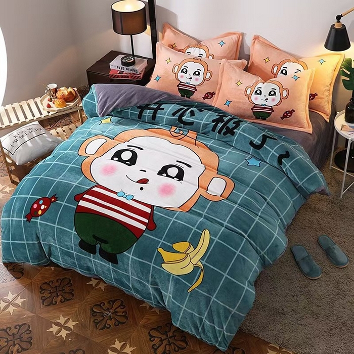 91家纺网 家纺一手货源 找家纺 宝薇 2025新款双面牛奶绒大版卡通印花四件套 香蕉猴