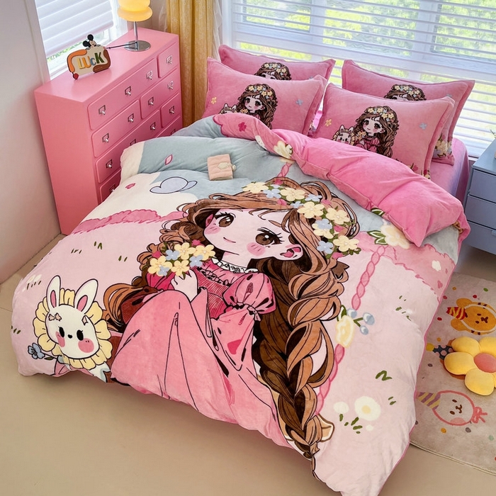 91家纺网 家纺一手货源 找家纺 宝薇 2025新款双面牛奶绒大版卡通印花四件套 小公主绒