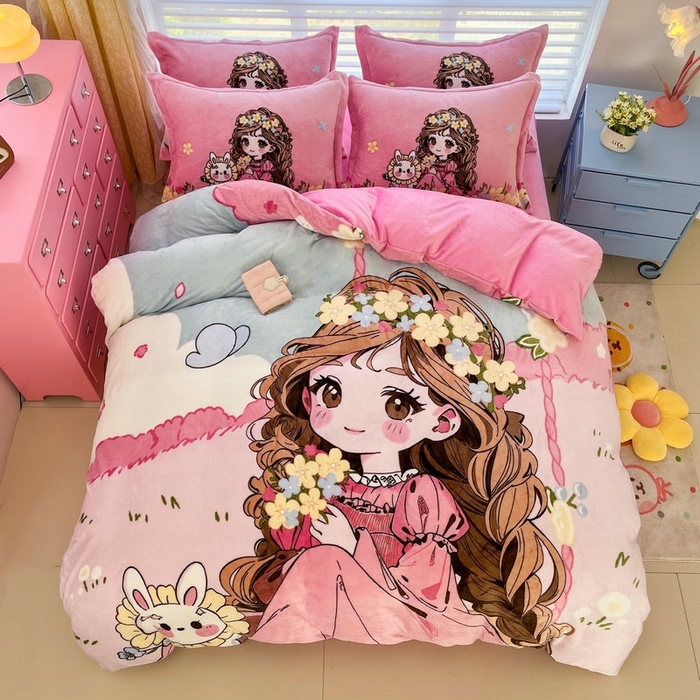 91家纺网 家纺一手货源 找家纺 宝薇 2025新款双面牛奶绒大版卡通印花四件套 小公主绒