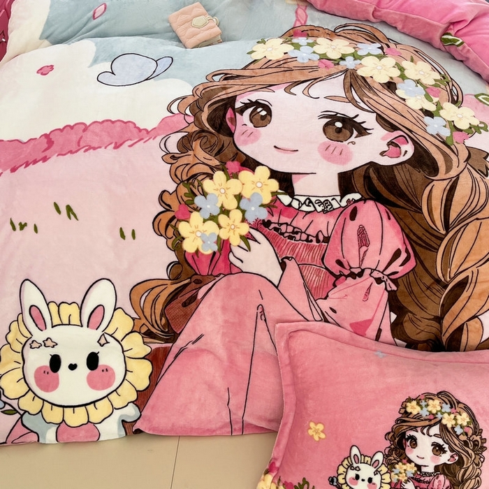 91家纺网 家纺一手货源 找家纺 宝薇 2025新款双面牛奶绒大版卡通印花四件套 小公主绒