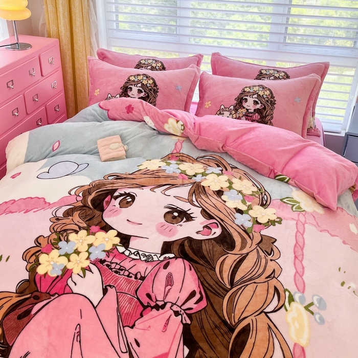 91家纺网 家纺一手货源 找家纺 宝薇 2025新款双面牛奶绒大版卡通印花四件套 小公主绒