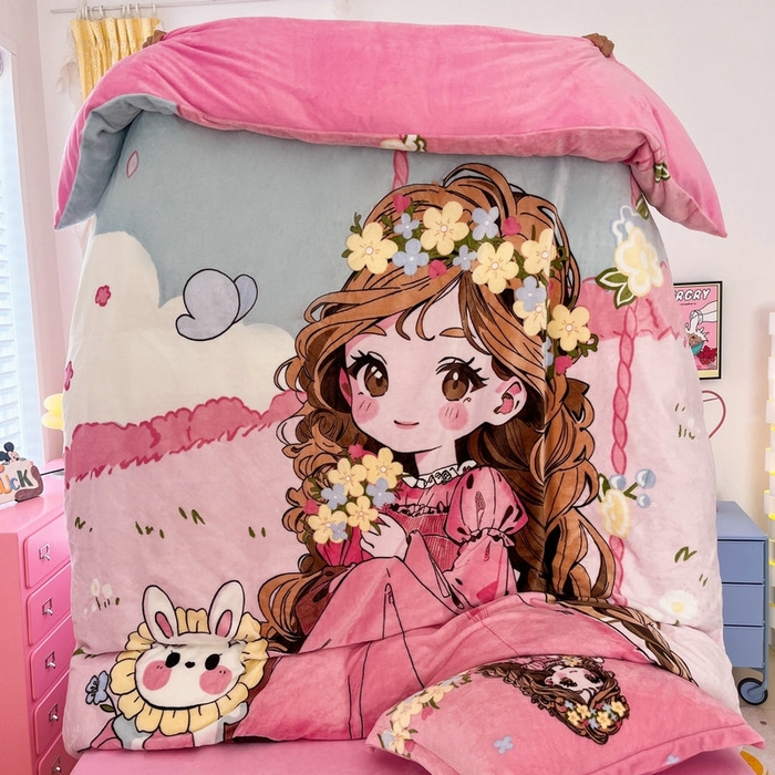 91家纺网 家纺一手货源 找家纺 宝薇 2025新款双面牛奶绒大版卡通印花四件套 小公主绒