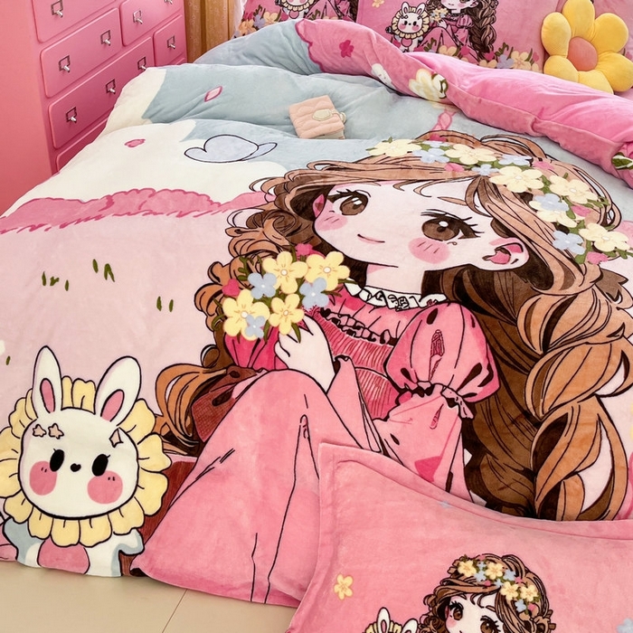 91家纺网 家纺一手货源 找家纺 宝薇 2025新款双面牛奶绒大版卡通印花四件套 小公主绒