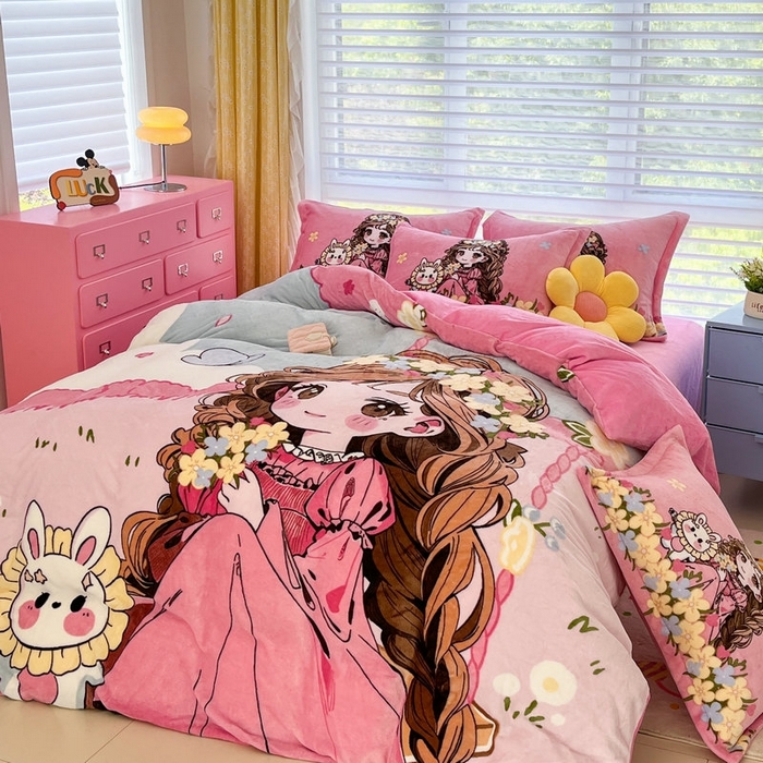 91家纺网 家纺一手货源 找家纺 宝薇 2025新款双面牛奶绒大版卡通印花四件套 小公主绒