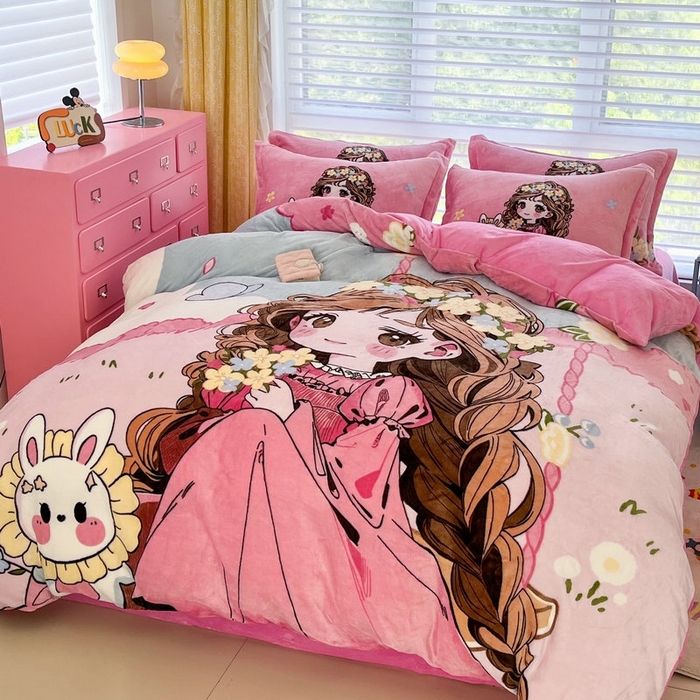 91家纺网 家纺一手货源 找家纺 宝薇 2025新款双面牛奶绒大版卡通印花四件套 小公主绒