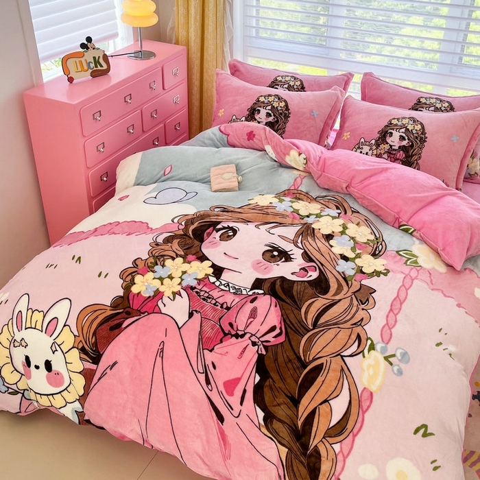 91家纺网 家纺一手货源 找家纺 宝薇 2025新款双面牛奶绒大版卡通印花四件套 小公主绒