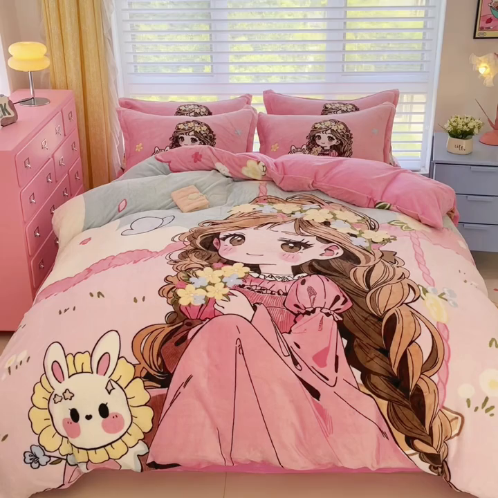 91家纺网 家纺一手货源 找家纺 宝薇 2025新款双面牛奶绒大版卡通印花四件套 小公主绒