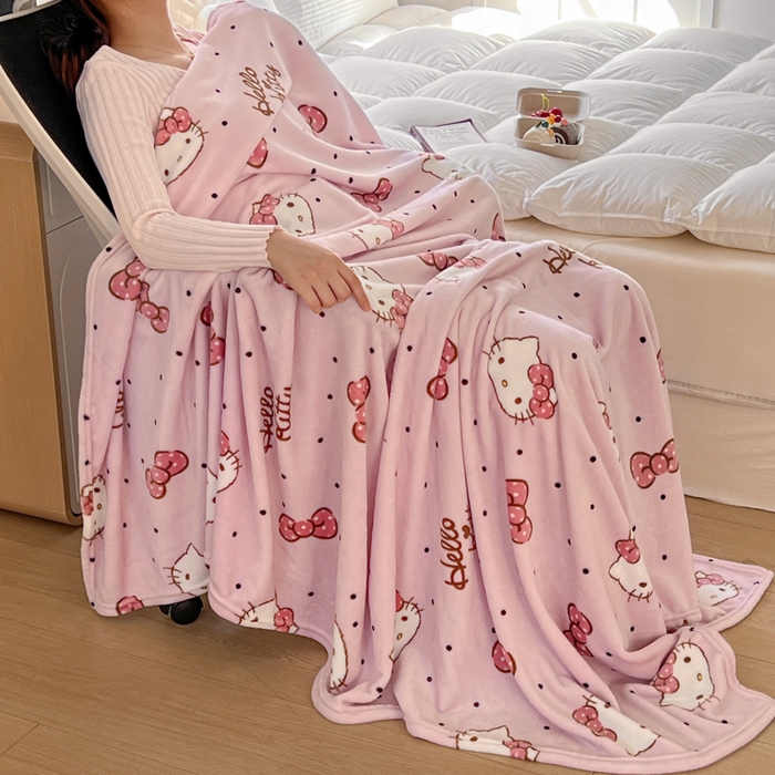 91家纺网 家纺一手货源 找家纺 妖妖家纺 2025新款正版三丽鸥双面印花牛奶绒多功能四季款毛毯空调毯 蝴蝶结KT