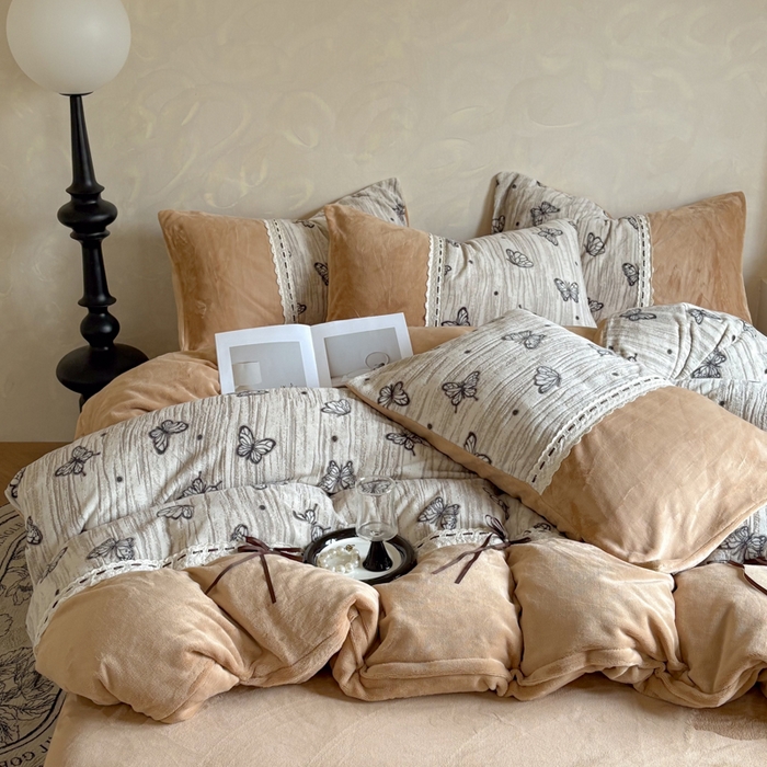 昊川家纺 2025新款牛奶绒雕花绒轻奢花边蝴蝶结拼接款四件套 福蝶-咖