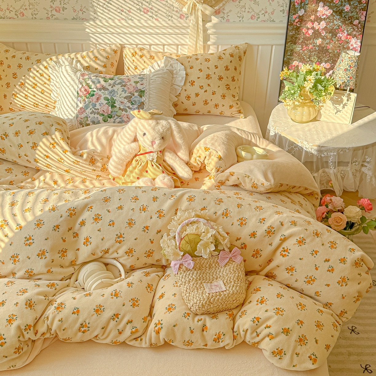 91家纺网 家纺一手货源 找家纺 韩巢家纺 2025新款高克重印花牛奶绒床品四件套 田园小花